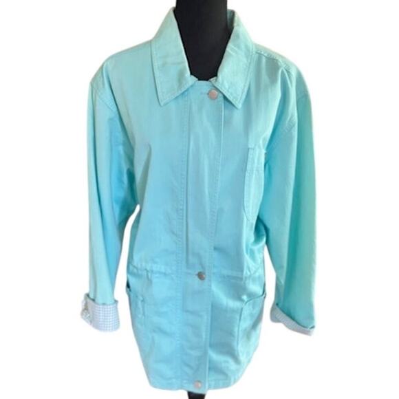Denim & Co. 1990s Light Aqua Cotton Jacket, Size M  Gingham Lined Cuffs - Picture 1 of 6